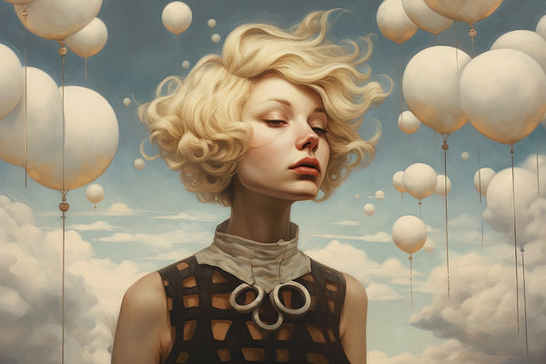 SURREALISTIC PAINTING OF A LADY WITH BALLOONS - WHITE ELEVATION