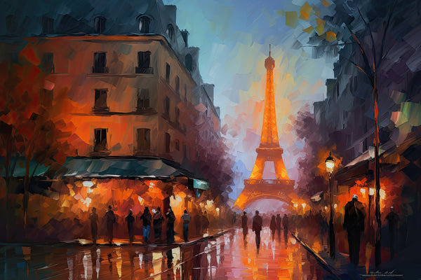Tour Eiffel illuminée contre le ciel bruineux du soir - Jeu de lumière dans la nuit