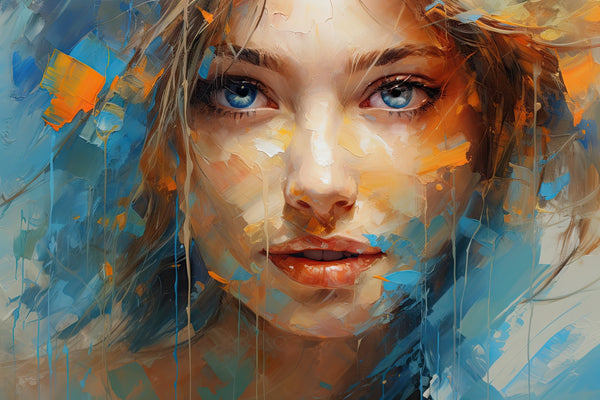 Porträt einer Frau mit durchdringenden blauen Augen – Reflexion des blauen Himmels