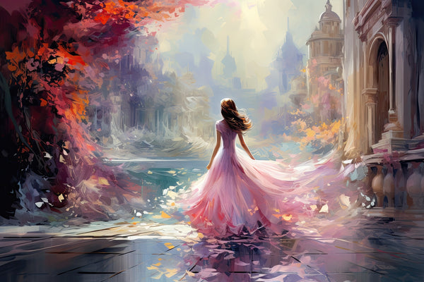 Elegante Frau im rosa Kleid in der Stadt - Herbstspaziergang in Rosa
