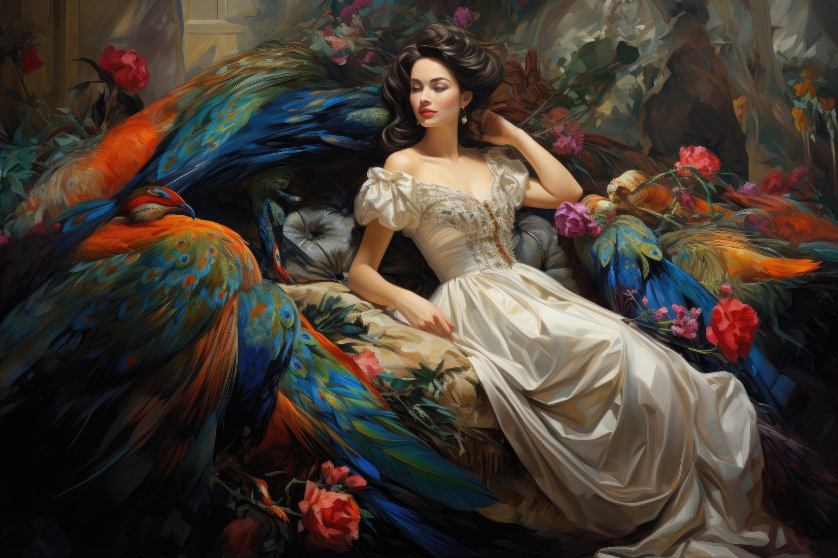 Vrouw omringd door kleurrijke pracht van pauwen - Elegante Oase