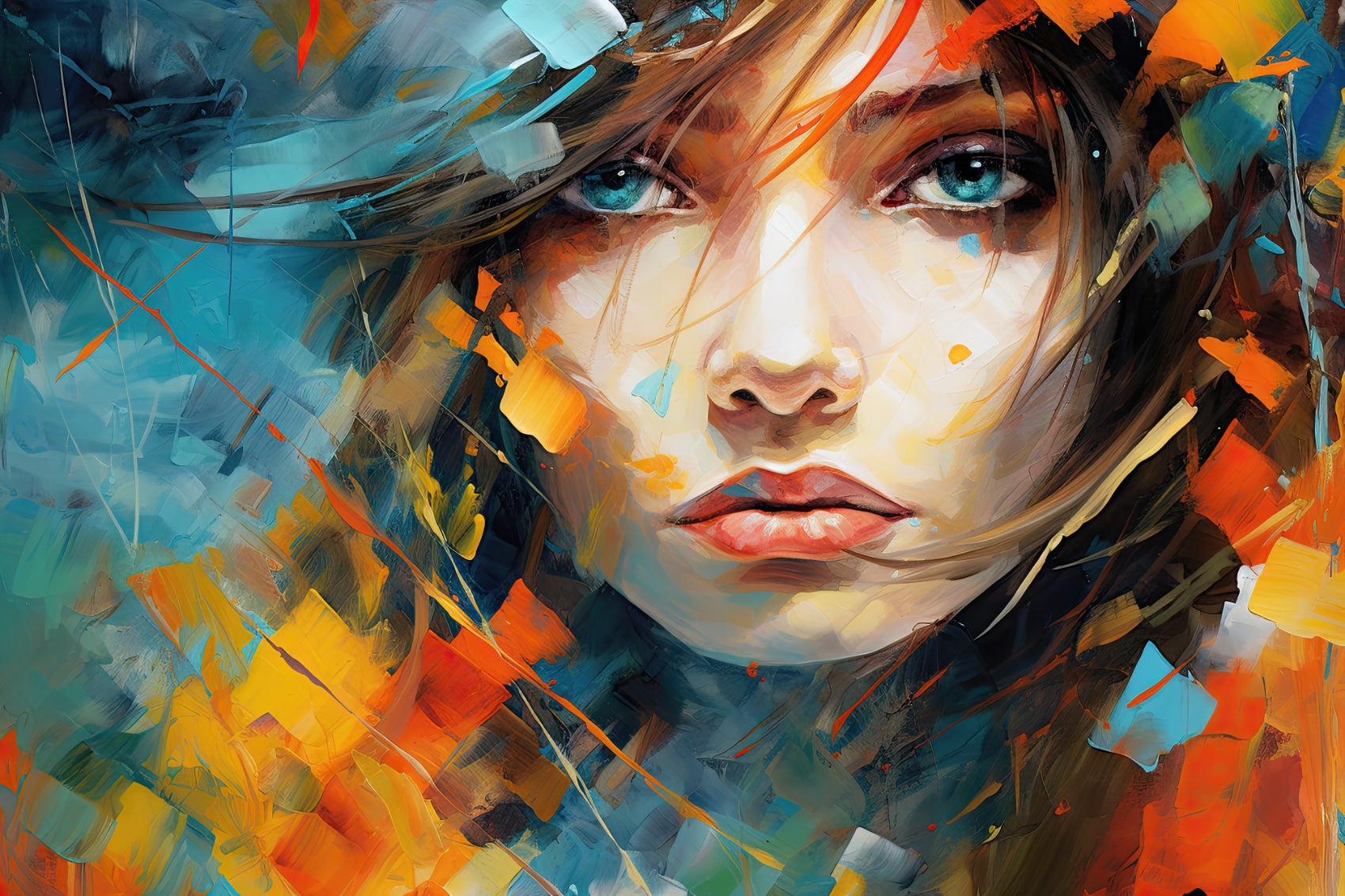 Porträt einer jungen Frau – Blaue Tränen in einem Farbensturm