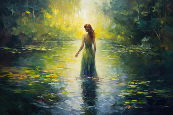 Femme fascinante debout dans un lac forestier - robe d'eau