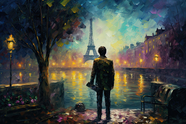 Jonge schilder in de glinstering van het Avondlicht in Parijs