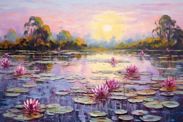 Roze Waterlelies bij Zonsondergang: Een hommage aan Monet