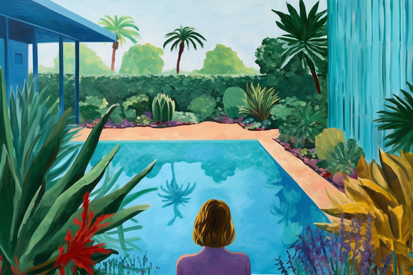 Het Spaanse Paradijs: Reflectie van een Vrouw bij haar Zwembad
